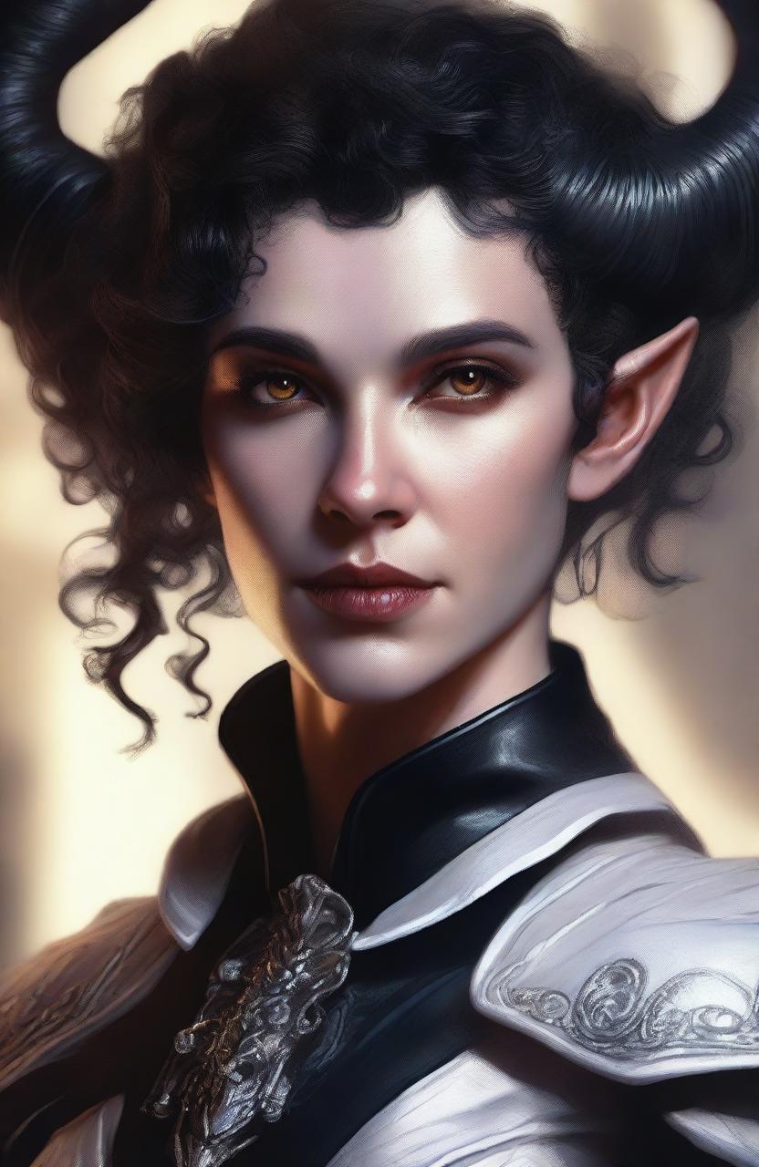 A white-skinned aasimar tiefling with short curly black hair with white highlights and black horns