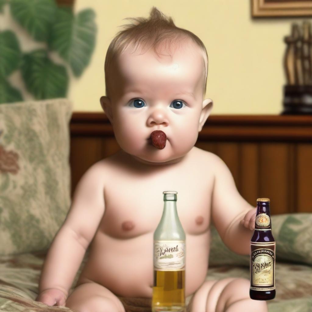 A realistic photo of a baby boy holding a cigar in one hand and a beer bottle in the other, with a mischievous expression on his face