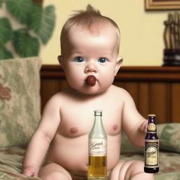 A realistic photo of a baby boy holding a cigar in one hand and a beer bottle in the other, with a mischievous expression on his face