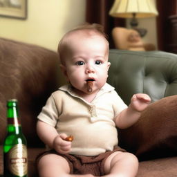 A realistic photo of a baby boy holding a cigar in one hand and a beer bottle in the other, with a mischievous expression on his face