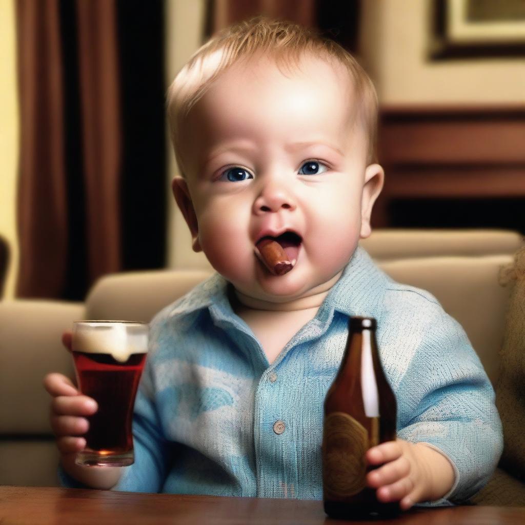 A realistic photo of a baby boy holding a cigar in one hand and a beer bottle in the other, with a mischievous expression on his face