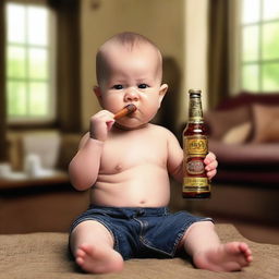 A realistic photo of a baby boy holding a cigar in one hand and a beer bottle in the other, with a mischievous expression on his face