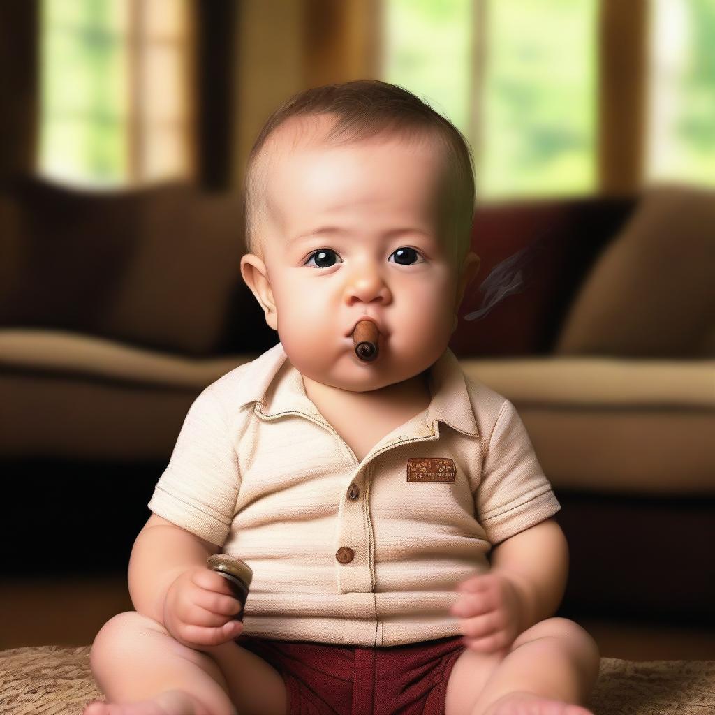 A realistic photo of a baby boy holding a cigar and a beer bottle in one hand, with a mischievous expression on his face