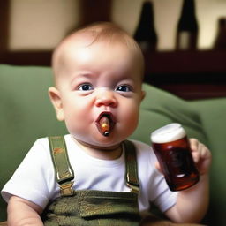 A realistic photo of a baby boy holding a cigar and a beer bottle in one hand, with a mischievous expression on his face