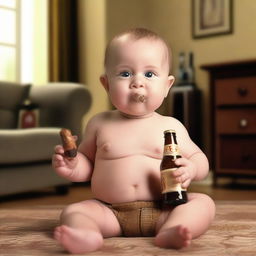 A realistic photo of a baby boy holding a cigar and a beer bottle in one hand, with a mischievous expression on his face