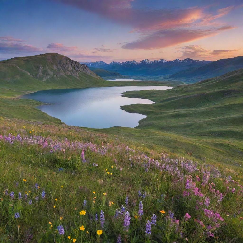 A serene, vibrant landscape at sunset with blooming wildflowers on a green hillside, a tranquil lake reflecting the multi-colored skies and distant mountains on the horizon.