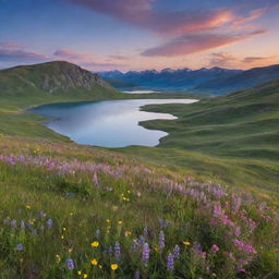 A serene, vibrant landscape at sunset with blooming wildflowers on a green hillside, a tranquil lake reflecting the multi-colored skies and distant mountains on the horizon.