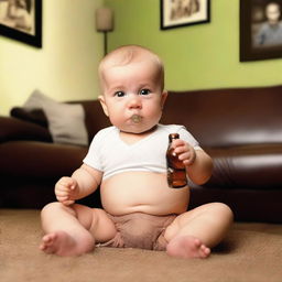 A realistic photo of a baby boy holding a cigar and a beer bottle in one hand, with a mischievous expression on his face