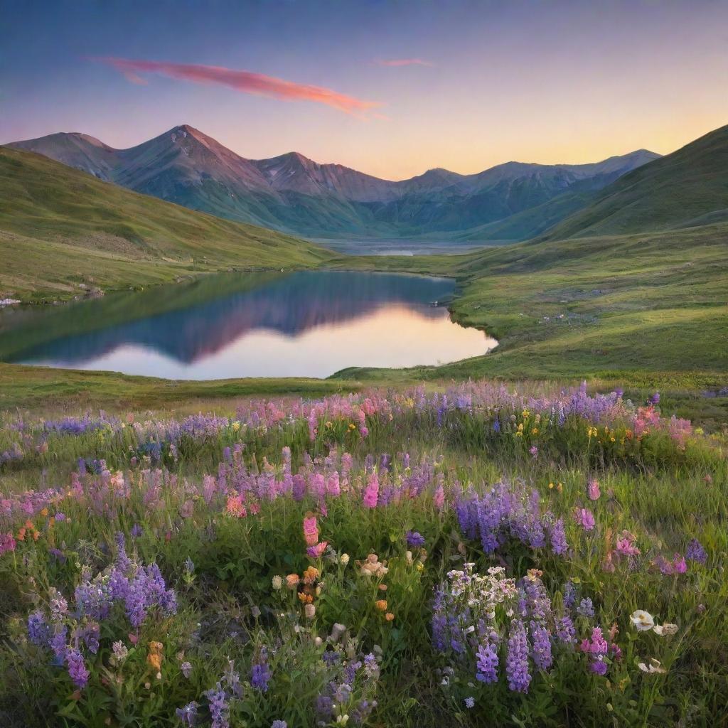 A serene, vibrant landscape at sunset with blooming wildflowers on a green hillside, a tranquil lake reflecting the multi-colored skies and distant mountains on the horizon.