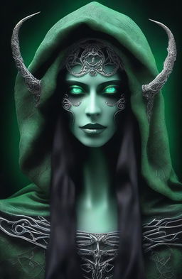 A beautiful woman depicted as the Grim Reaper, featuring gorgeous detailed realistic pale green eyes, thick upper lip, Cupid’s bow lips, small nose, high cheekbones, and long detailed wavy hair