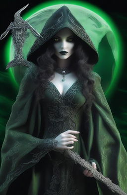 A beautiful woman depicted as the Grim Reaper, featuring gorgeous detailed realistic pale green eyes, thick upper lip, Cupid’s bow lips, small nose, high cheekbones, and long detailed wavy hair