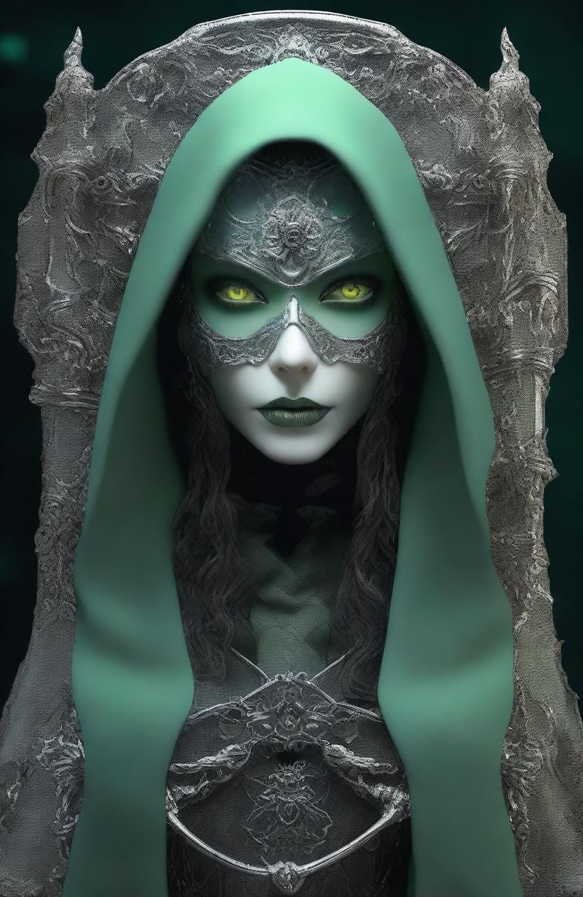 A beautiful woman depicted as the Grim Reaper, featuring gorgeous detailed realistic pale green eyes, thick upper lip, Cupid’s bow lips, small nose, high cheekbones, and long detailed wavy hair