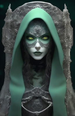 A beautiful woman depicted as the Grim Reaper, featuring gorgeous detailed realistic pale green eyes, thick upper lip, Cupid’s bow lips, small nose, high cheekbones, and long detailed wavy hair