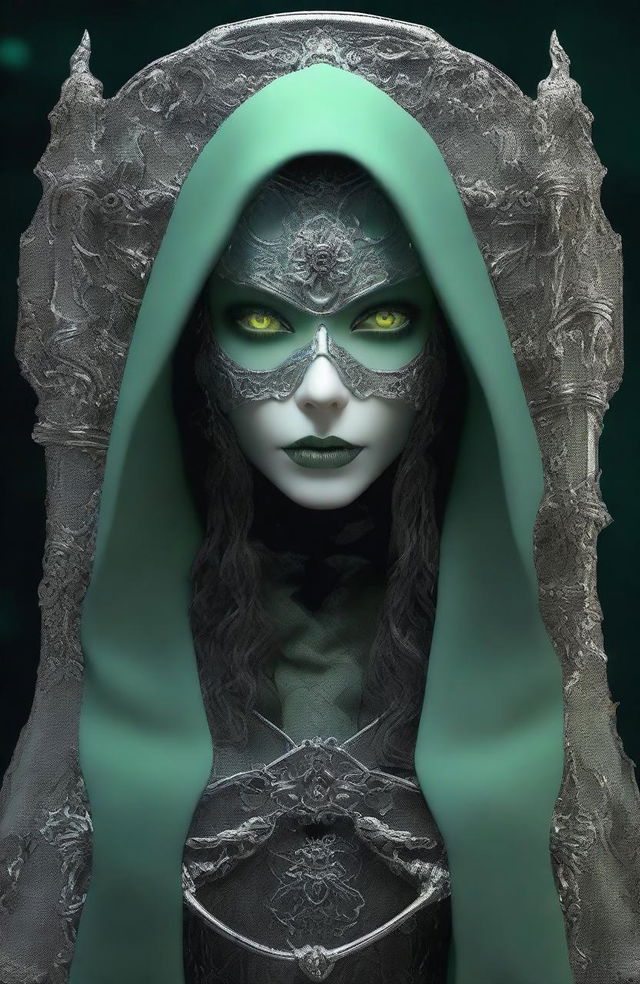 A beautiful woman depicted as the Grim Reaper, featuring gorgeous detailed realistic pale green eyes, thick upper lip, Cupid’s bow lips, small nose, high cheekbones, and long detailed wavy hair