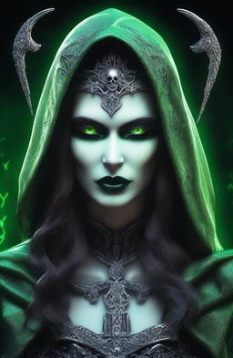 A beautiful woman depicted as the Grim Reaper, featuring gorgeous detailed realistic pale green eyes, thick upper lip, Cupid’s bow lips, small nose, high cheekbones, and long detailed wavy hair