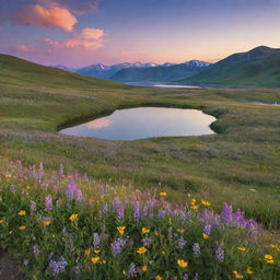 A serene, vibrant landscape at sunset with blooming wildflowers on a green hillside, a tranquil lake reflecting the multi-colored skies and distant mountains on the horizon.