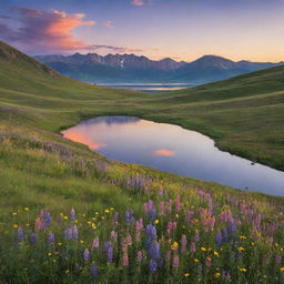 A serene, vibrant landscape at sunset with blooming wildflowers on a green hillside, a tranquil lake reflecting the multi-colored skies and distant mountains on the horizon.