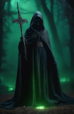 A female Grim Reaper with detailed realistic pale green eyes and long detailed wavy hair, wearing a traditional Grim Reaper cape and holding a scythe