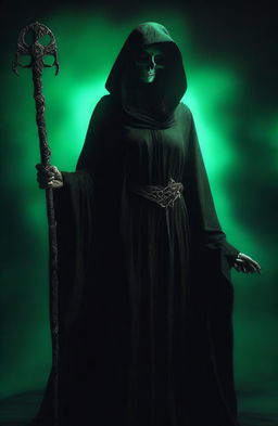 A female Grim Reaper with detailed realistic pale green eyes and long detailed wavy hair, wearing a traditional Grim Reaper cape and holding a scythe