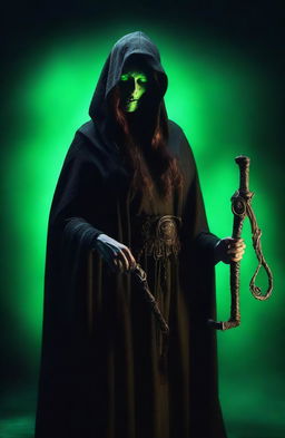 A female Grim Reaper with detailed realistic pale green eyes and long detailed wavy hair, wearing a traditional Grim Reaper cape and holding a scythe