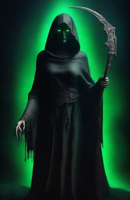 A female Grim Reaper with detailed realistic pale green eyes and long detailed wavy hair, wearing a traditional Grim Reaper cape and holding a scythe