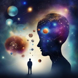 A surreal image that combines elements of psychology and the universe, featuring a person looking out at a starry galaxy with planets