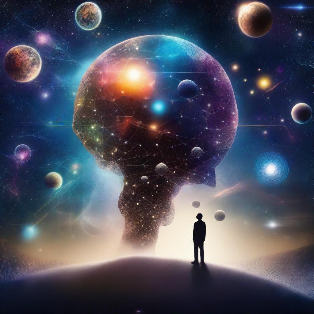 A surreal image that combines elements of psychology and the universe, featuring a person standing on Earth and looking out at a starry galaxy with planets