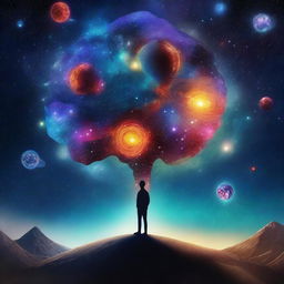 A surreal image that combines elements of psychology and the universe, featuring a person standing on Earth and looking out at a starry galaxy with planets