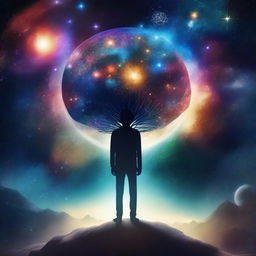 A surreal image that combines elements of psychology and the universe, featuring a person standing on Earth and looking out at a starry galaxy with planets