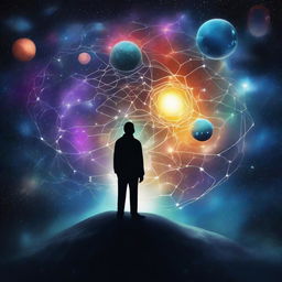 A surreal image that combines elements of psychology and the universe, featuring a person standing on Earth and looking out at a starry galaxy with planets