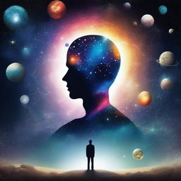 A surreal image that combines elements of psychology and the universe, featuring a person standing on Earth and looking out at a starry galaxy with planets