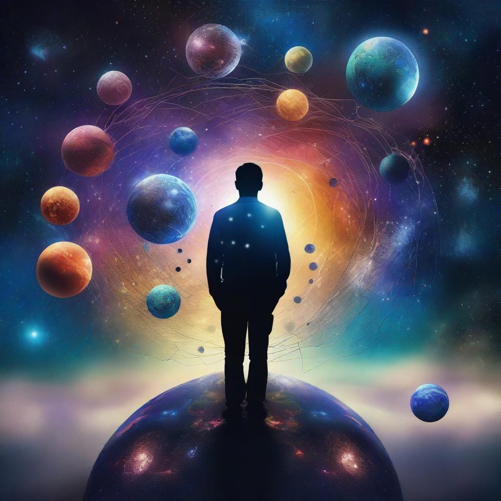 A surreal image that combines elements of psychology and the universe, featuring a person standing on Earth and looking out at a starry galaxy with planets