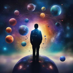 A surreal image that combines elements of psychology and the universe, featuring a person standing on Earth and looking out at a starry galaxy with planets