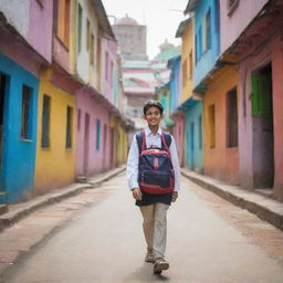 A schoolgoing Indian boy, dressed in traditional school uniform and carrying a bag, walking down a vibrant street lined with colorful buildings