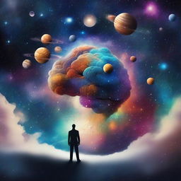 A surreal image that combines elements of psychology and the universe, featuring a person standing on Earth and looking out at a starry galaxy with planets