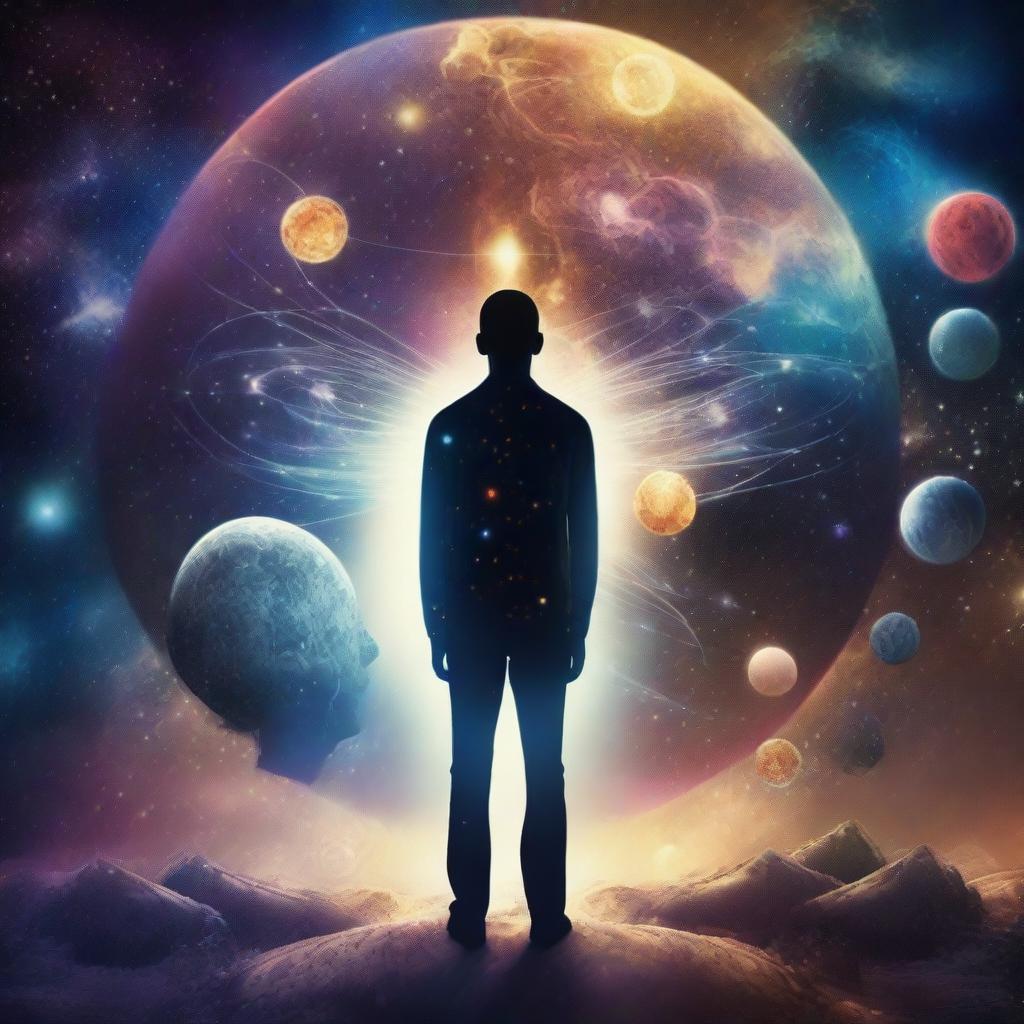 A surreal image that combines elements of psychology and the universe, featuring a person standing on Earth and looking out at a starry galaxy with planets