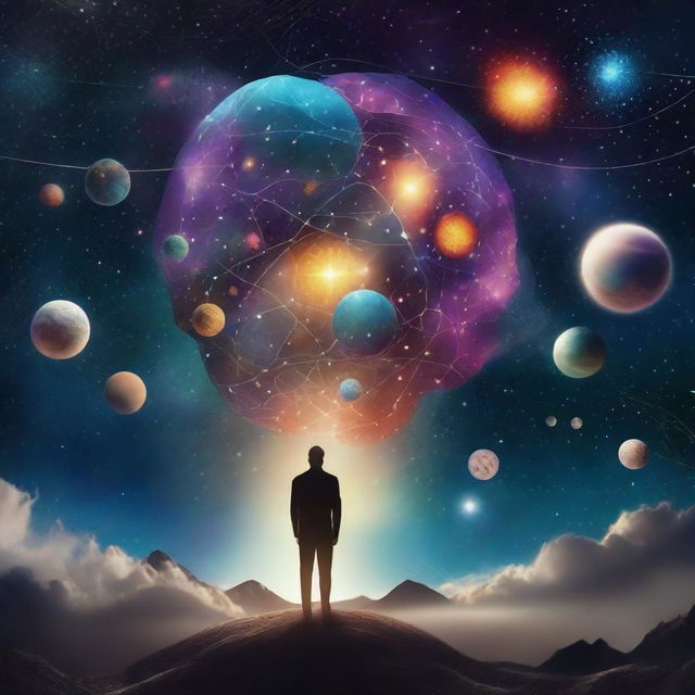 A surreal image that combines elements of psychology and the universe, featuring a person standing on Earth and looking out at a starry galaxy with planets