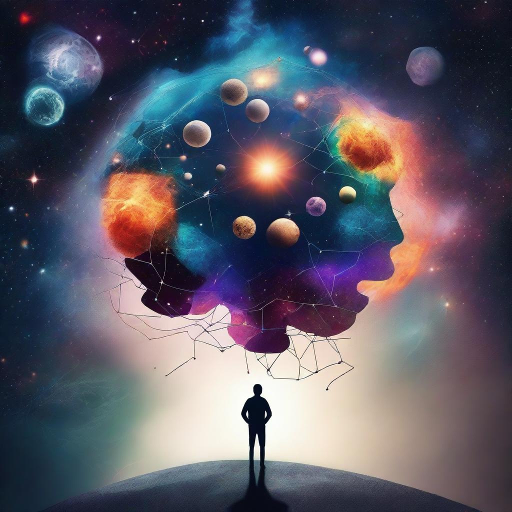 A surreal image that combines elements of psychology and the universe, featuring a person standing on Earth and looking out at a starry galaxy with planets