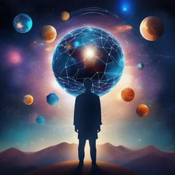 A surreal image that combines elements of psychology and the universe, featuring a person standing on Earth and looking out at a starry galaxy with planets