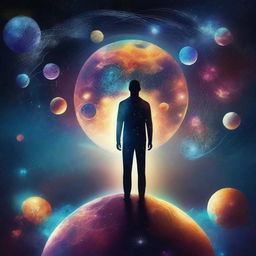 A surreal image that combines elements of psychology and the universe, featuring a person standing on Earth and looking out at a starry galaxy with planets