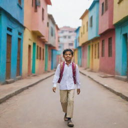 A schoolgoing Indian boy, dressed in traditional school uniform and carrying a bag, walking down a vibrant street lined with colorful buildings