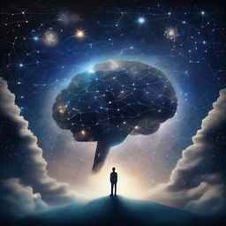 A surreal image that combines elements of psychology and the universe, featuring a person standing on Earth and looking out at a starry night sky