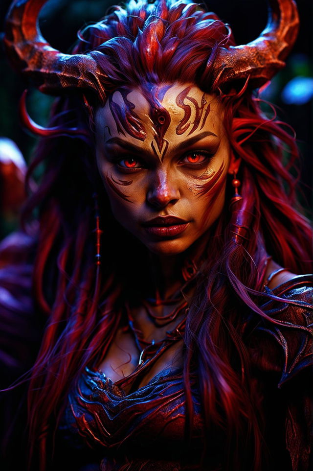 A detailed portrait of a confident and strong female tiefling with mystical markings, vibrant hair, and a captivating expression, set against a subtle background