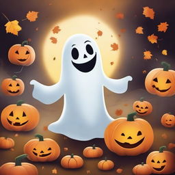 A friendly ghost floating in a spooky yet whimsical setting, surrounded by pumpkins and autumn leaves