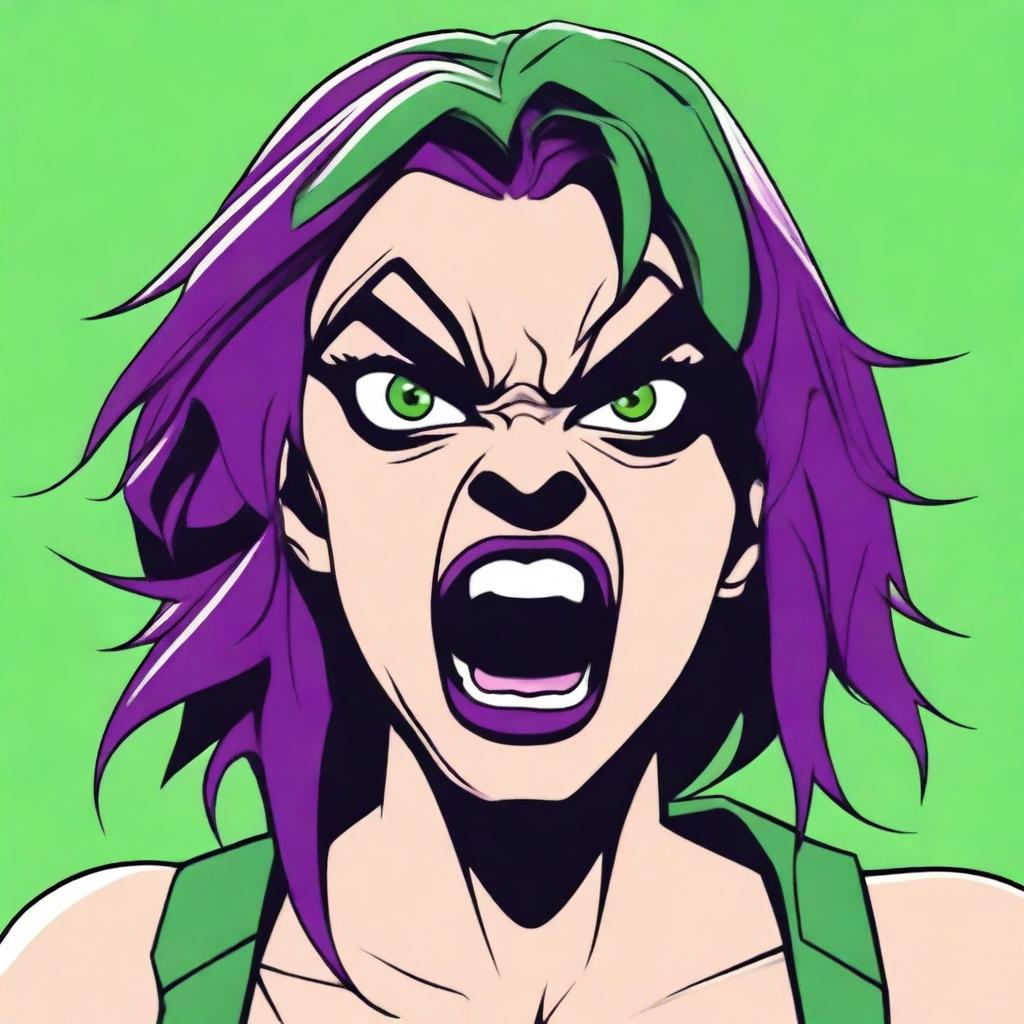 Create an image of an extremely angry woman with an open mouth as if she is yelling