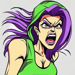 Create an image of an extremely angry woman with an open mouth as if she is yelling