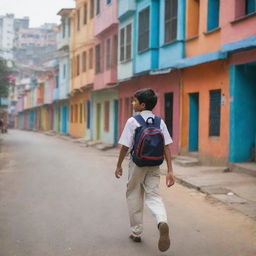 A schoolgoing Indian boy, dressed in traditional school uniform and carrying a bag, walking down a vibrant street lined with colorful buildings