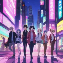 A vibrant and dynamic anime scene featuring a group of characters in a bustling city