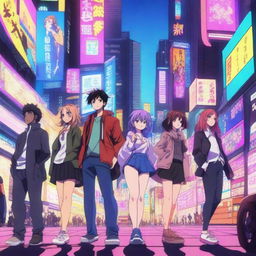 A vibrant and dynamic anime scene featuring a group of characters in a bustling city