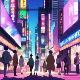 A vibrant and dynamic anime scene featuring a group of characters in a bustling city